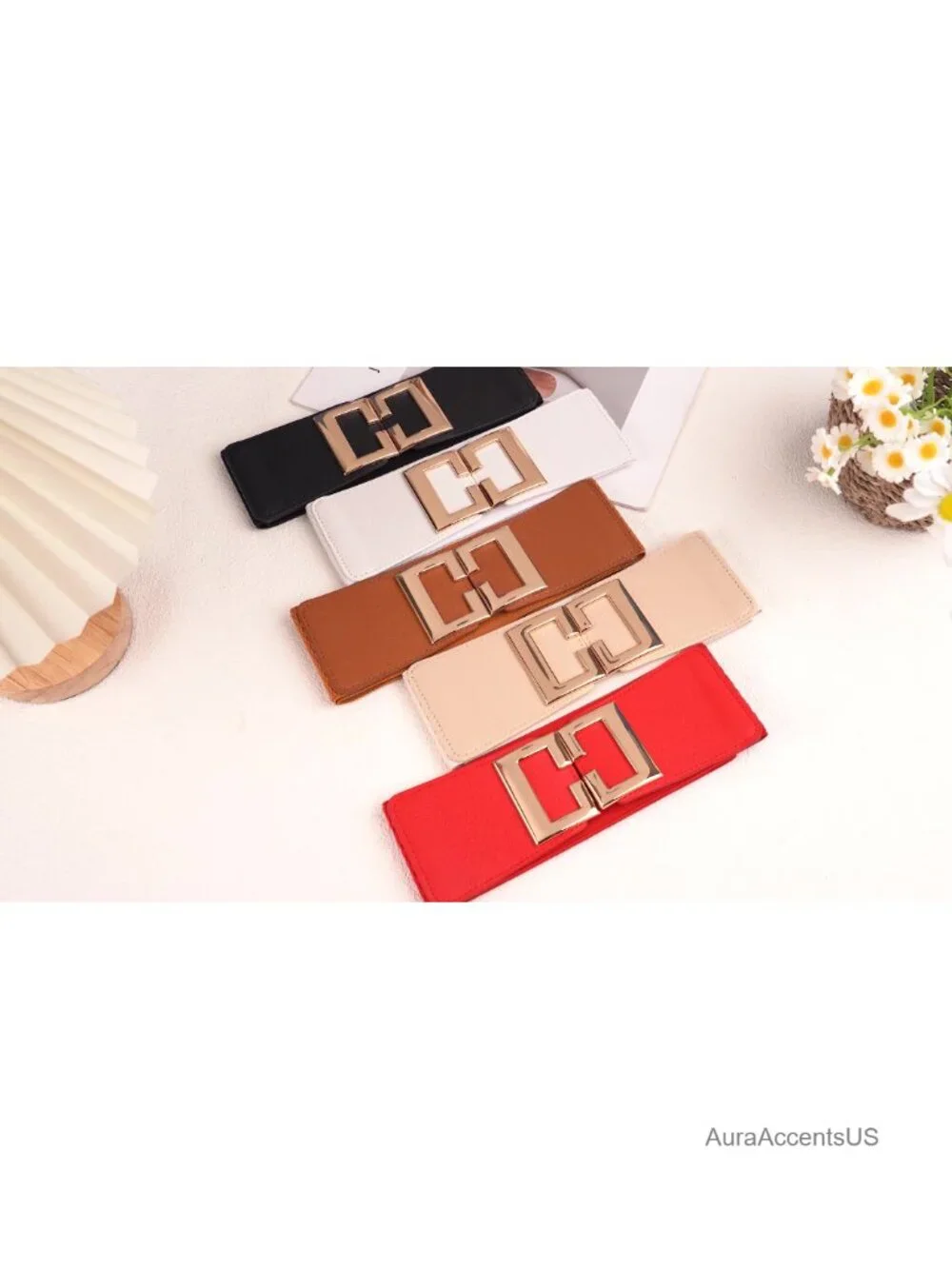 Wide Elastic Belt with Gold Buckle Stretchy Waist Belt for Dresses